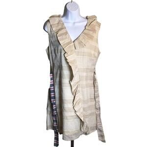 THML Sleeveless Striped Khaki Color Dress Ruffle Detail knee Length Sz. Med NWT
